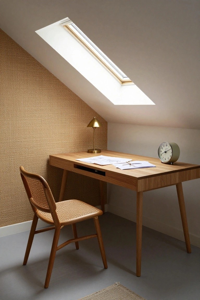 Attic home office with sloped beige textured walls, wooden desk topped with papers and a clip, gold desk lamp, green clock, rattan chair, skylight above, and gray floor.