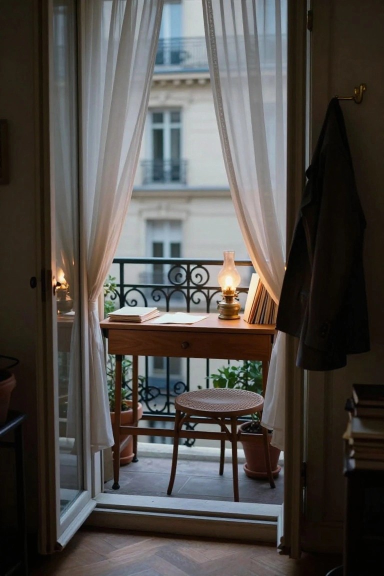 A wooden desk with an oil lamp, open books, and papers sits next to open French doors to a balcony, with sheer curtains, potted plants, a coat on a hook, and views of Parisian buildings outside.
