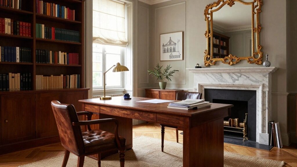23 Parisian Office Decor Ideas Full of Elegance Corner of a sage green room with wooden desk, leather armchair, marble fireplace, ornate gold mirror, bookshelves, olive tree in terracotta pot, gold desk lamp, and parquet flooring.