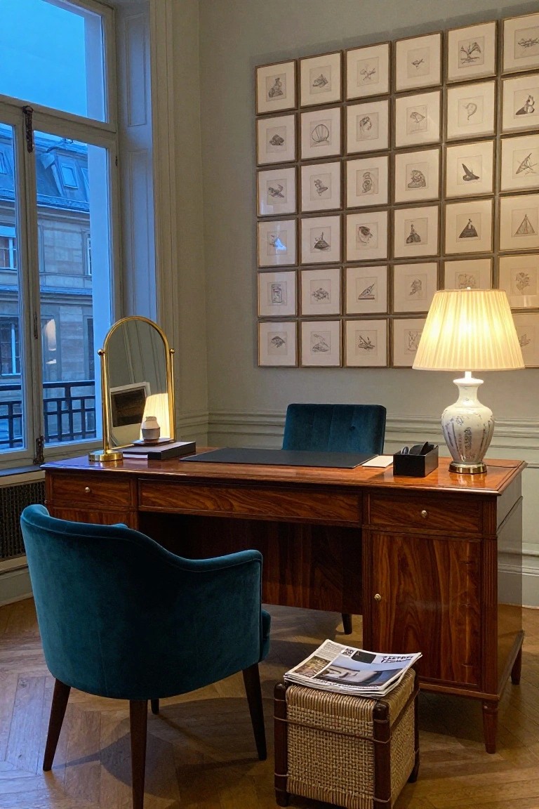 Corner view of a Parisian office featuring a large wooden desk with green velvet chair, gold mirror, white porcelain lamp, and a grid of small framed ink drawings of shells, birds, and shapes on the wall behind, with tall windows showing exterior buildings.