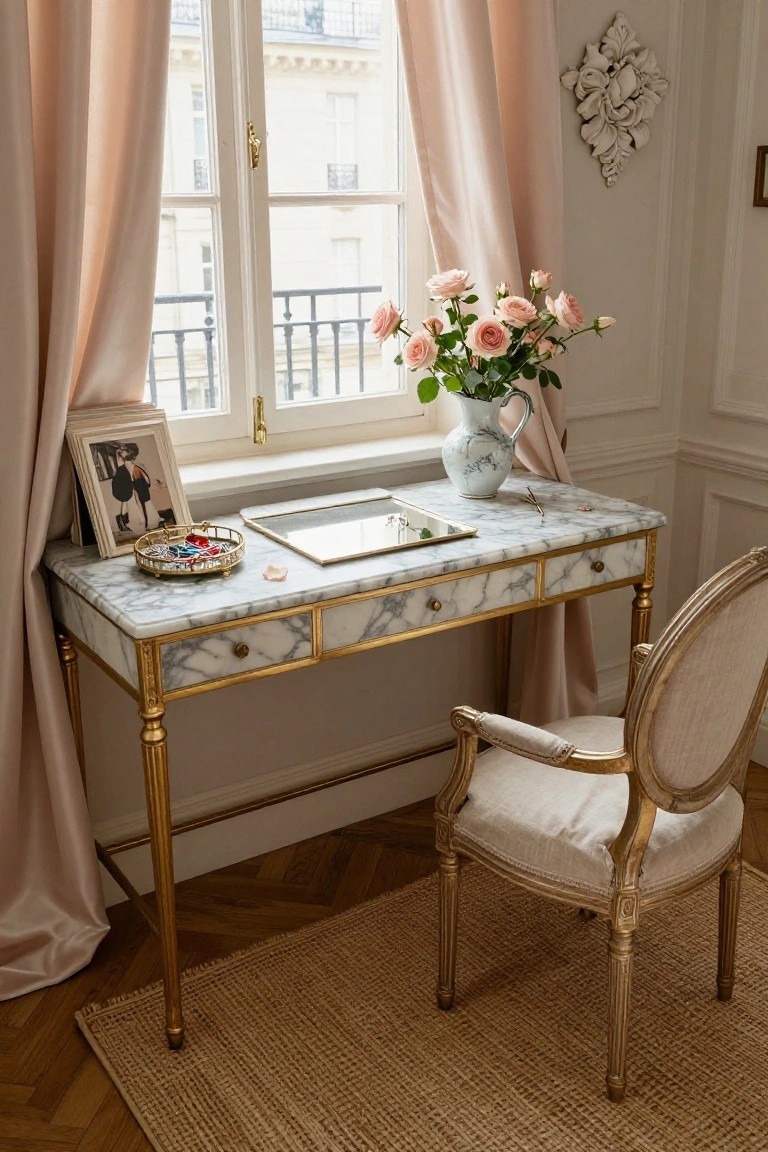 Elegant home office desk made of white marble with gold legs and trim, pink roses in a white vase nearby, pink drapes at a tall window overlooking Parisian buildings, and a matching gold chair in a light room with parquet floor.