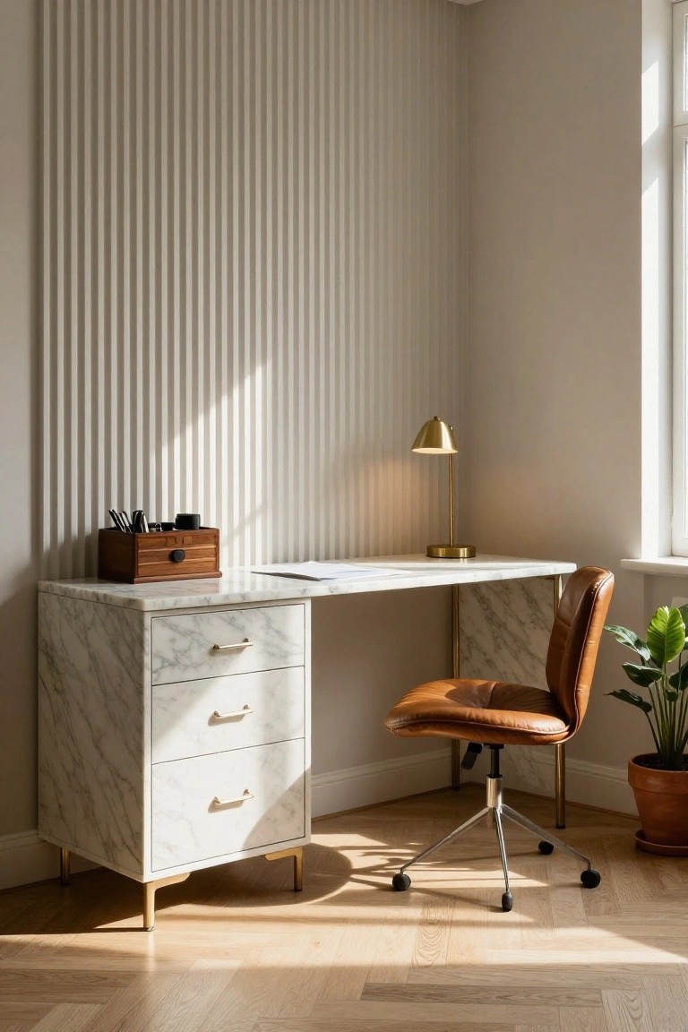 Corner home office with white marble desk featuring drawers and brass legs, tan leather swivel chair, wooden desk organizer and mug, gold desk lamp, potted plant, beige slatted walls, window with natural light, and light herringbone wood floors.