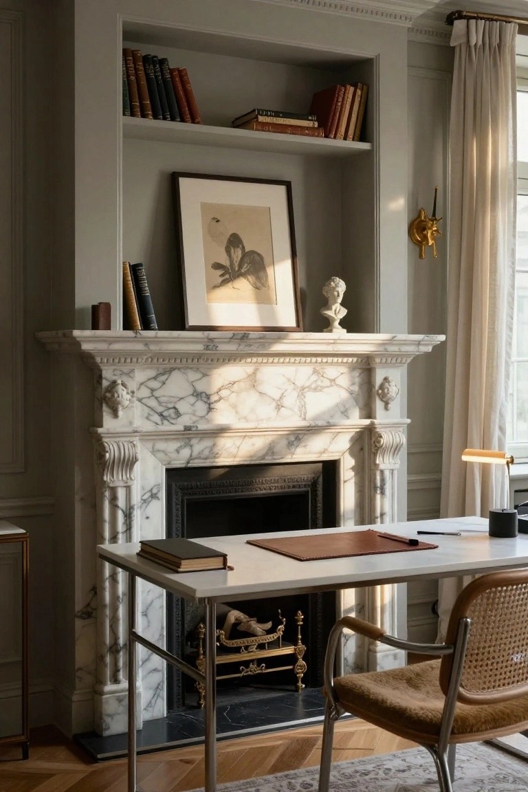A cozy home office in a gray room with built-in bookshelves beside a white marble fireplace mantel, a simple white desk positioned in front of the hearth, and a rattan armchair nearby.
