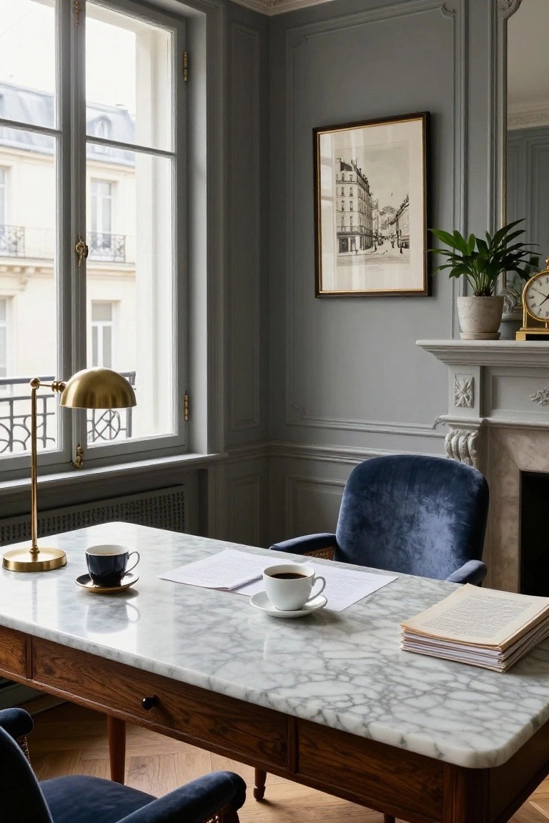 Parisian-style home office with gray paneled walls, large window overlooking buildings, marble-topped wooden desk holding coffee cups and papers, blue velvet chairs, gold desk lamp, fireplace, and potted plant.