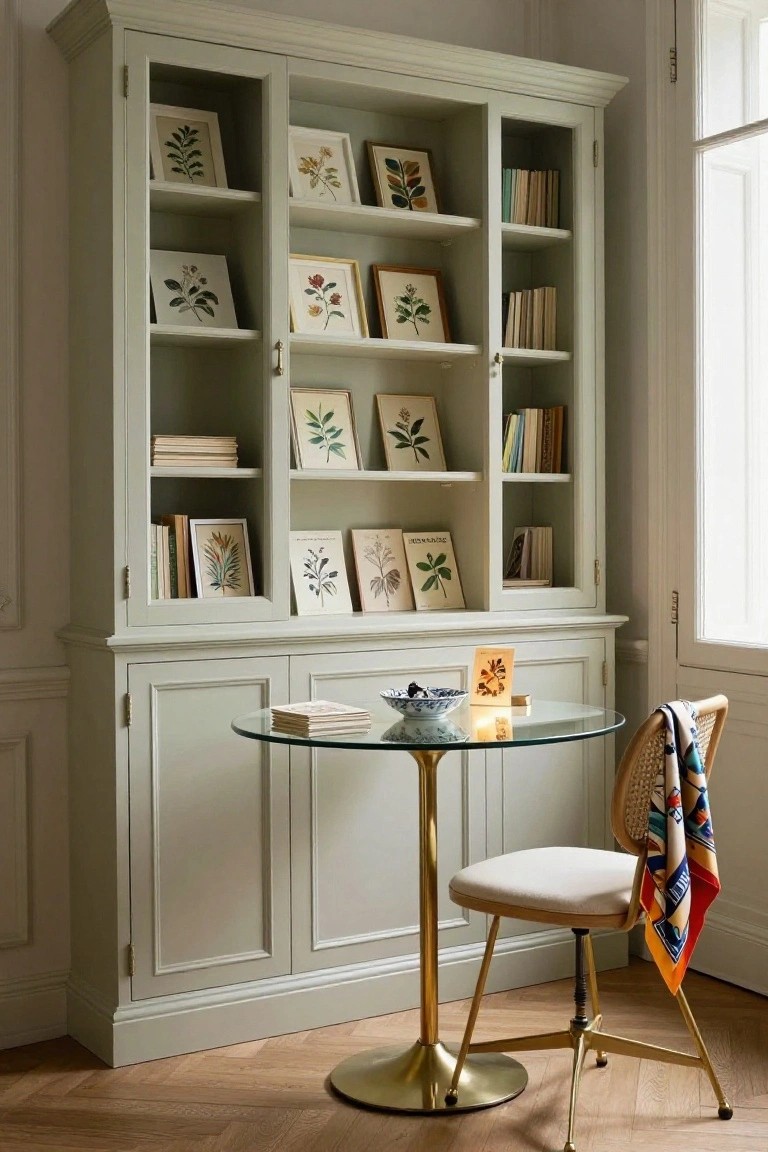 Sage green built-in cabinet with framed botanicals, books, and round glass table.