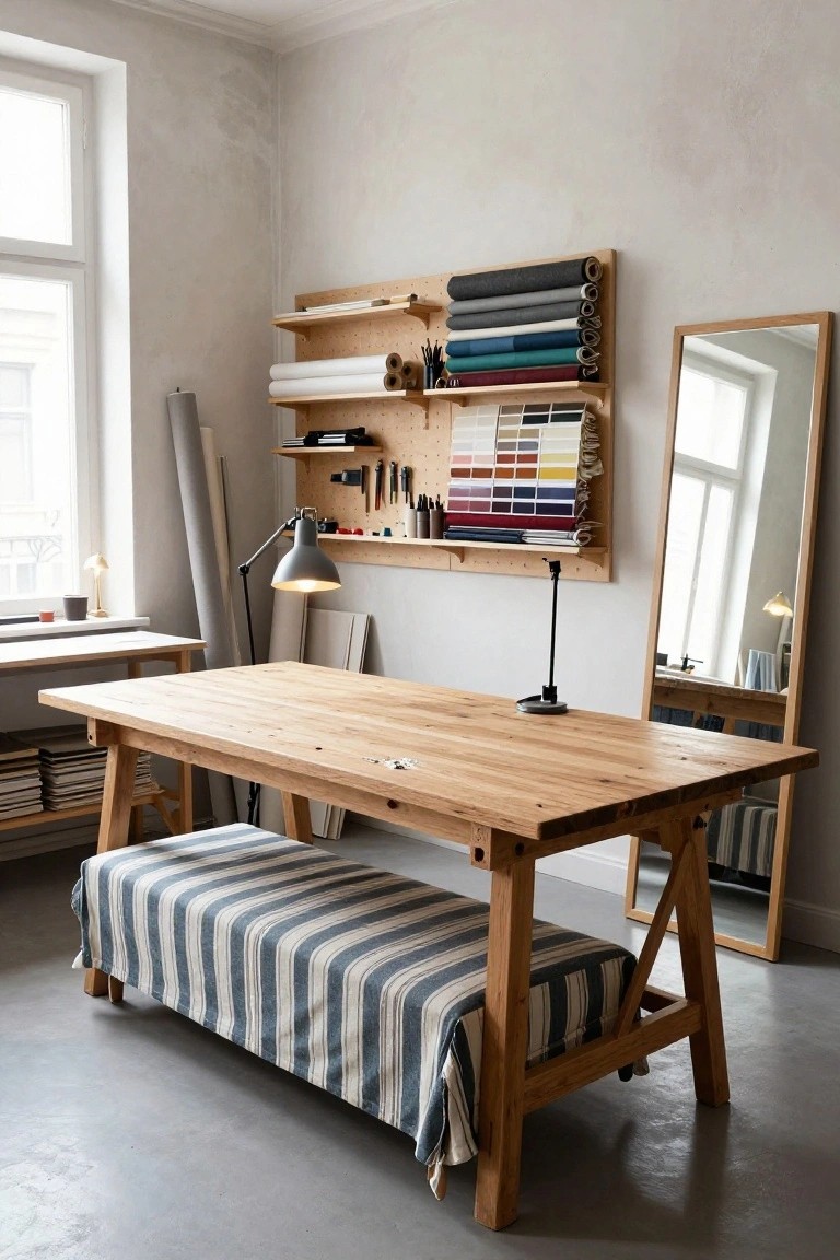 A bright room with pale walls, a large wooden trestle table with bench, pegboard wall holding fabric rolls tools and samples, adjustable lamp, and tall wooden mirror.