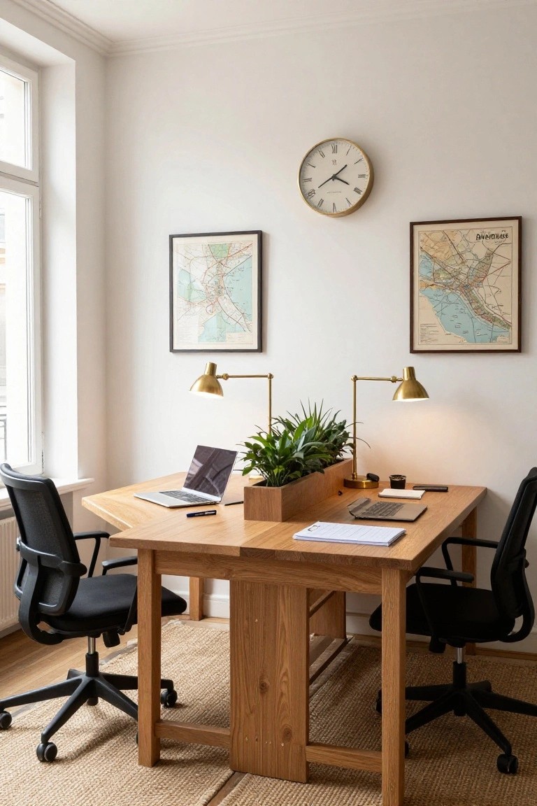 Corner home office with large window, shared wooden desk holding two laptops and potted plant centerpiece, flanked by brass desk lamps, wall maps and clock, two black office chairs, and seagrass rug on wood floor.