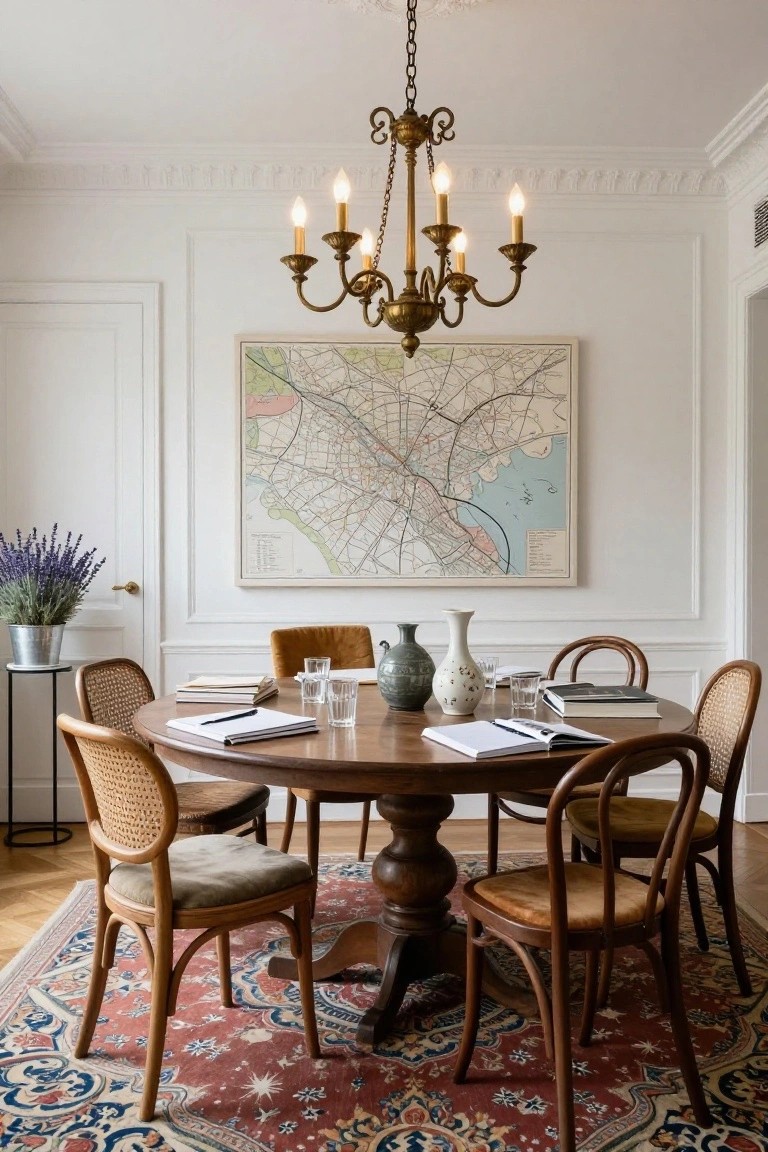 White paneled room with brass six-arm candelabra chandelier above round wooden pedestal table set with notebooks and glasses, surrounded by rattan and bentwood chairs, large framed city map on wall, potted lavender plant nearby, patterned rug on floor