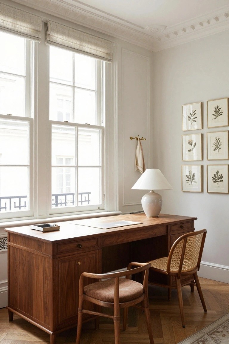 Home office interior with large wooden desk, upholstered wood chair, rattan chair, botanical prints on pale walls, ceramic lamp, tall sash windows with linen blinds, and herringbone wood floor.