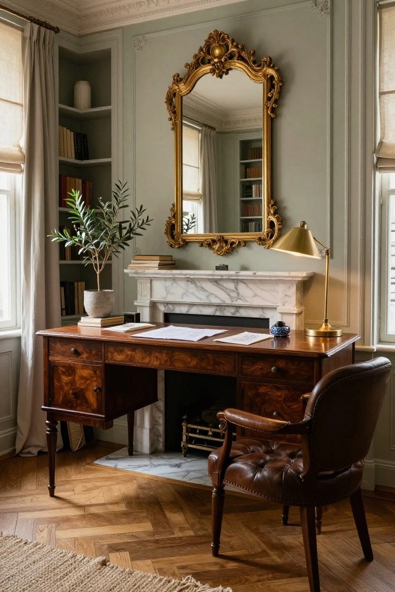 Corner of a sage green room with wooden desk, leather armchair, marble fireplace, ornate gold mirror, bookshelves, olive tree in terracotta pot, gold desk lamp, and parquet flooring.