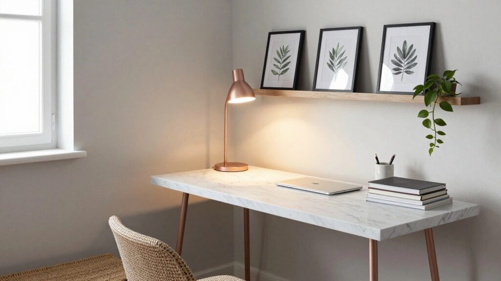 Corner of a light gray room with a white slatted desk on rose gold legs, open laptop, stacked books, rose gold desk lamp, white mug with pens, potted trailing plant, and two framed leaf prints on a wooden shelf.