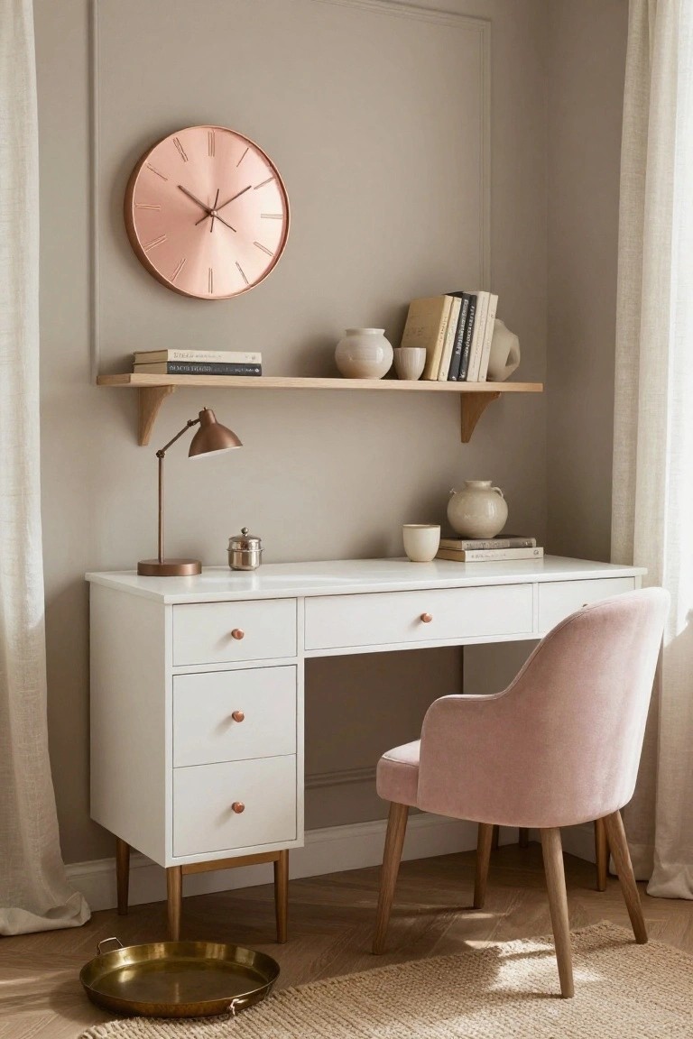 Home office nook with white desk having rose gold drawer pulls, pink velvet armchair, rose gold wall clock, adjustable desk lamp, floating wooden shelf with books and ceramics, beige walls, and sheer curtains.