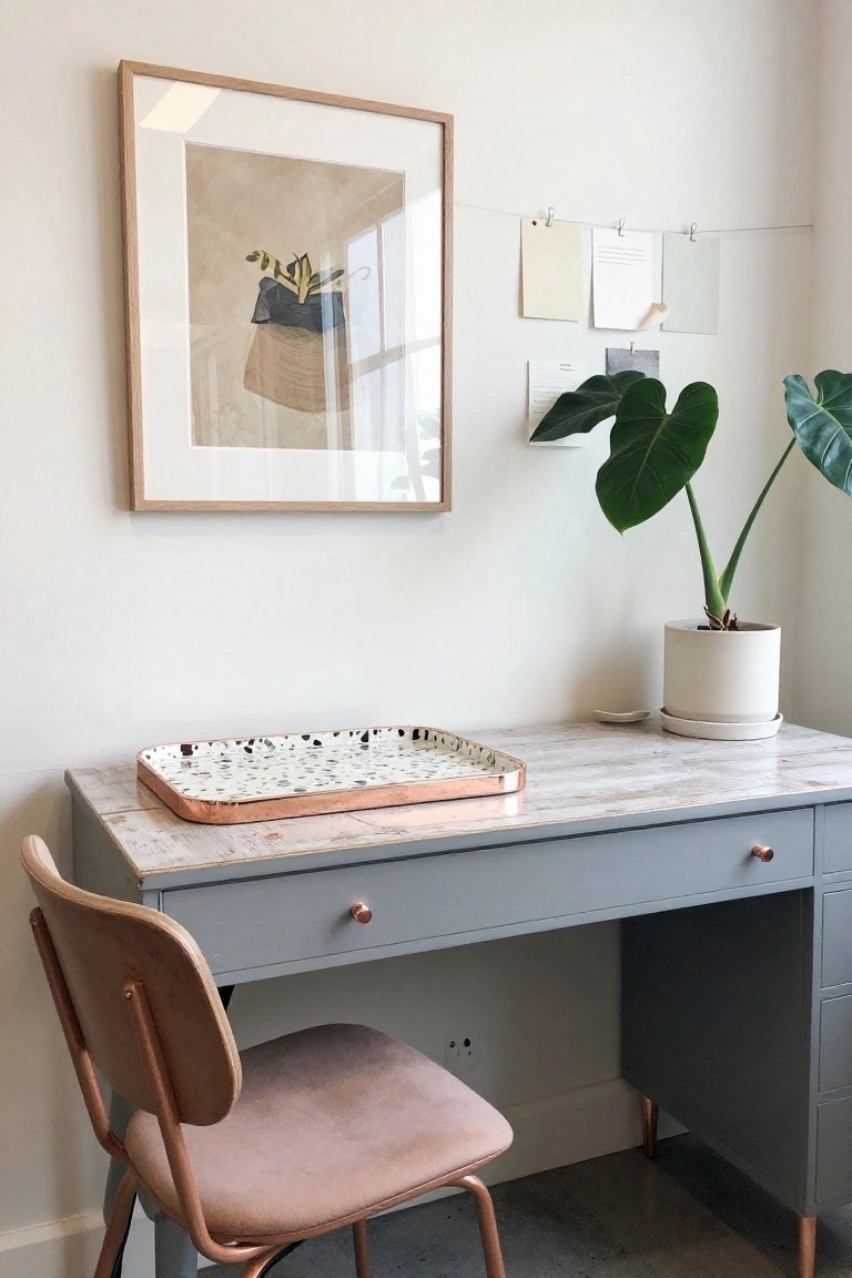 Gray desk with white veined top and rose gold knobs, pink velvet chair with rose gold legs, white-spotted copper tray, potted plant in white pot, and wall art in a light room.