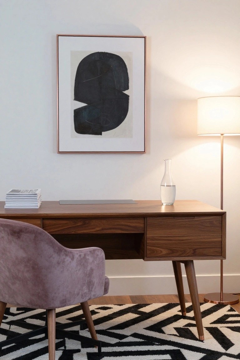 Walnut desk with rose gold caps on its angled legs, purple velvet armchair, stack of magazines and glass water carafe on the desktop, tall floor lamp with rose gold base, and abstract black artwork in rose gold frame on white wall, over black and white rug.