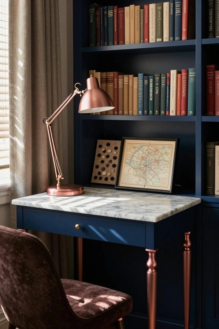 Navy blue desk with white marble top and rose gold arched adjustable lamp on it, velvet chair nearby, bookshelves and framed map on wall in a home office.