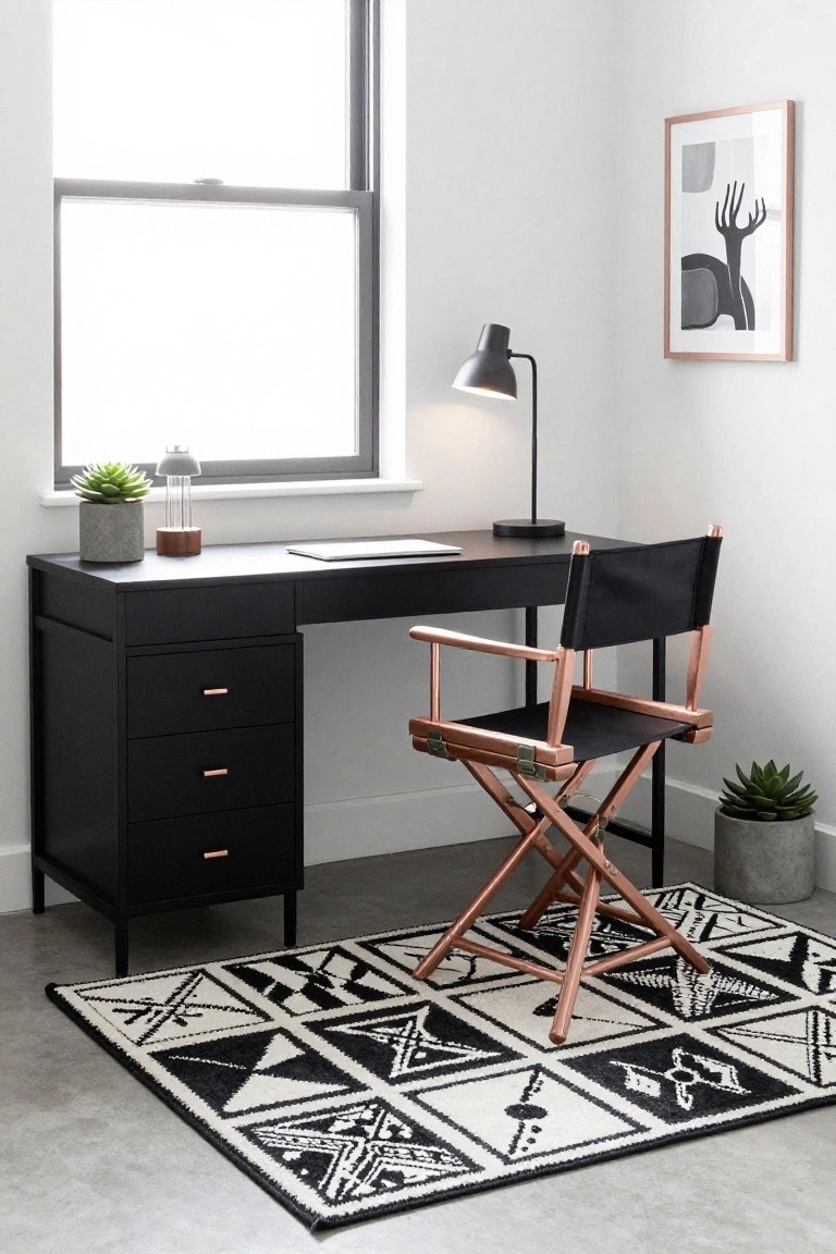 Modern office corner featuring a black desk with three drawers and rose gold pulls, black leather director's chair with rose gold frame, desk lamp, potted succulents, abstract wall art in rose gold frame, and black-and-white geometric rug on light floor.