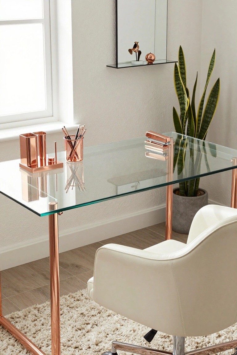 Glass-topped rectangular desk with rose gold metal legs and frame, copper accessories including pen holder and stapler, white leather office chair, potted snake plant, and wall shelf with rose gold bird sculpture and orb.