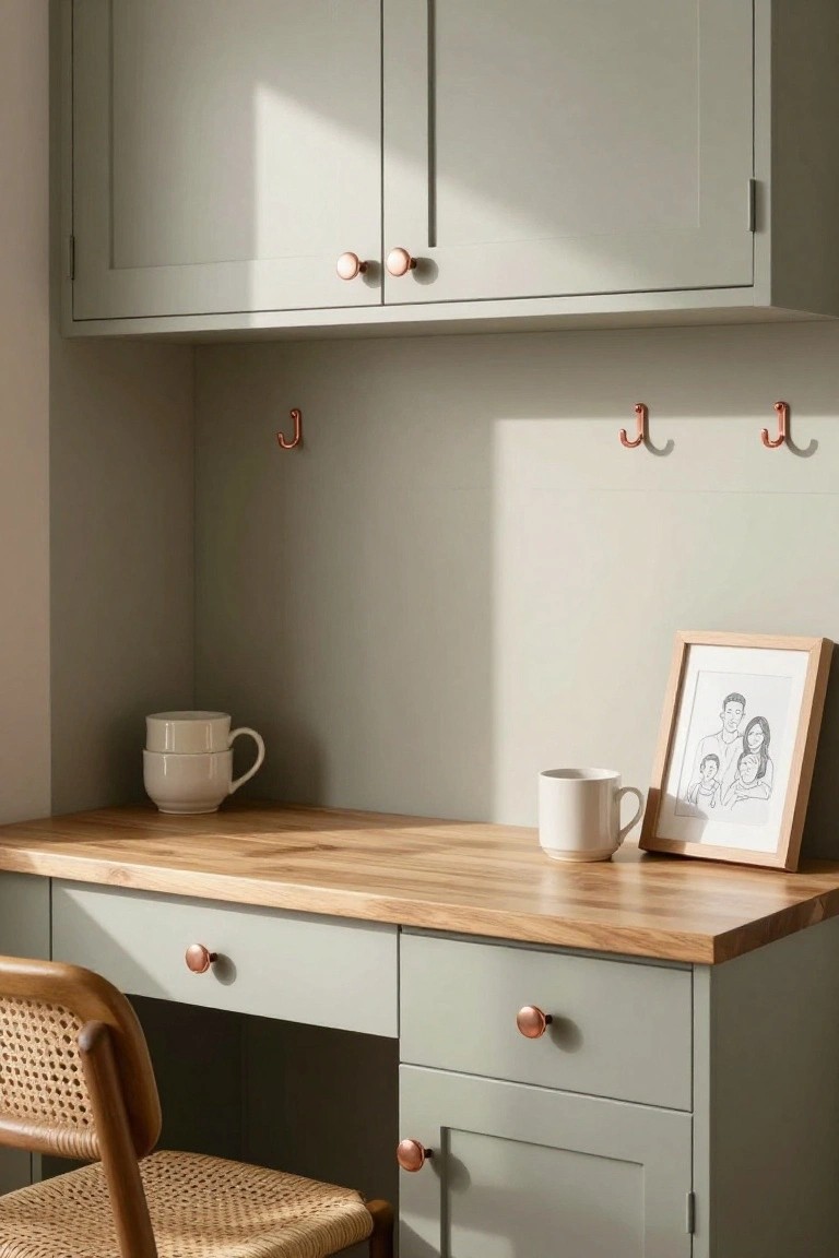 Sage green wall cabinets and desk with oak countertop, rose gold knobs and hooks, two white mugs stacked on the desk, and a framed line drawing of a family next to a single mug in a sunlit room.