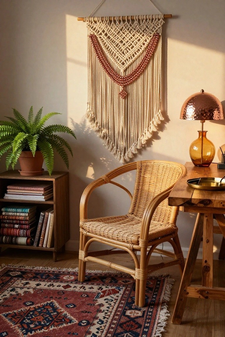 Home office corner with beige macrame wall hanging accented in red beads, rattan armchair at wooden desk, copper lamp with amber vase, fern in terracotta pot, bookshelves, and red-blue patterned rug on wood floor.
