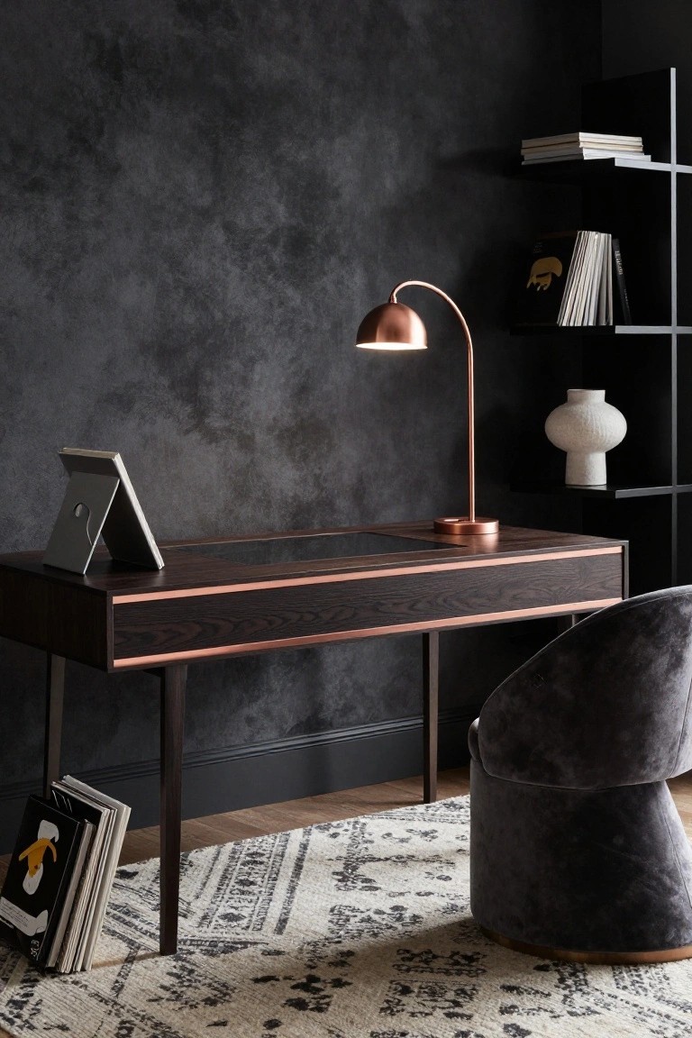 Corner of a home office with dark wood desk trimmed in rose gold, rose gold arched lamp lit up, black textured wall, black shelves holding books and white textured vase, purple velvet stool, stack of magazines on floor, and black and white patterned rug.