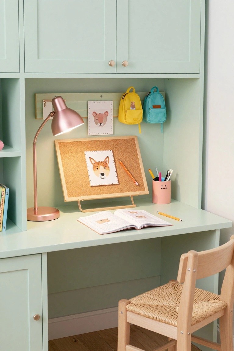 Mint green cabinet-surrounded desk with rose gold adjustable lamp illuminating a corkboard, open book, pencil cup, and wooden chair in a children's room setup.