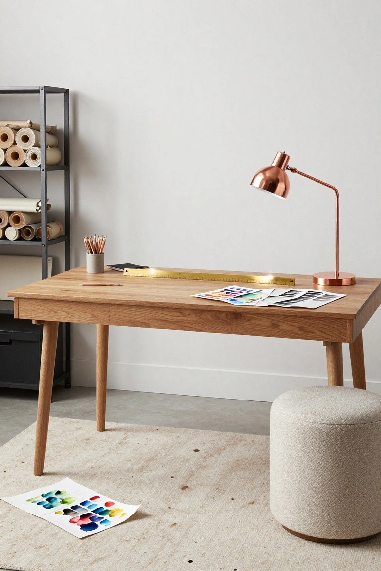 Oak desk with rose gold lamp, colored paper swatches, pencils in a holder, gold ruler, and notebook in a white-walled room with metal shelf holding paper rolls and a beige pouf stool on a light rug.