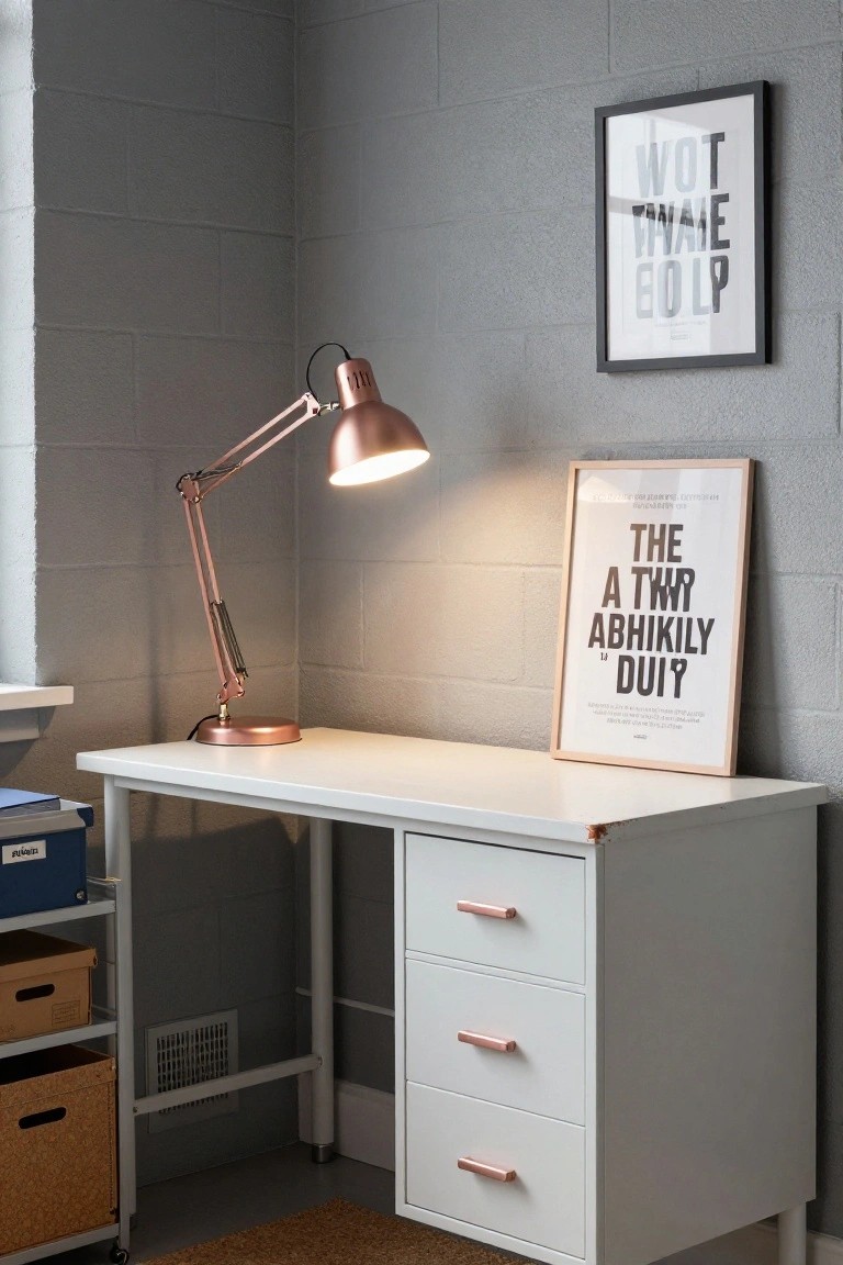 White desk in gray brick corner office with rose gold adjustable lamp, matching rose gold drawer pulls, two posters on walls, and metal shelving unit with boxes nearby.
