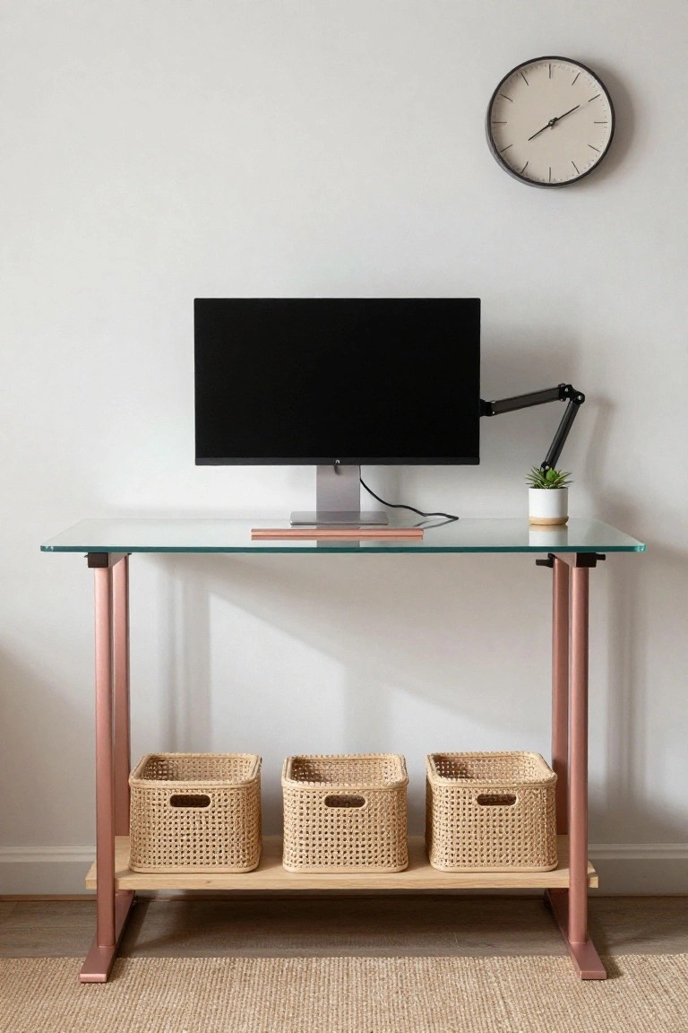 Glass-top desk with rose gold metal legs and wooden shelf holding three wicker baskets, topped with a monitor on a stand, adjustable arm lamp, small potted succulent, and wooden tray, next to a white wall clock on beige carpet.