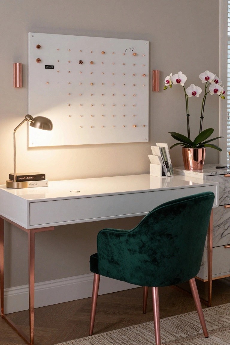 A home office desk in white with rose gold legs, green velvet chair with matching legs, pegboard wall with copper pins, copper wall sconces, orchids in copper pot, and a desk lamp.