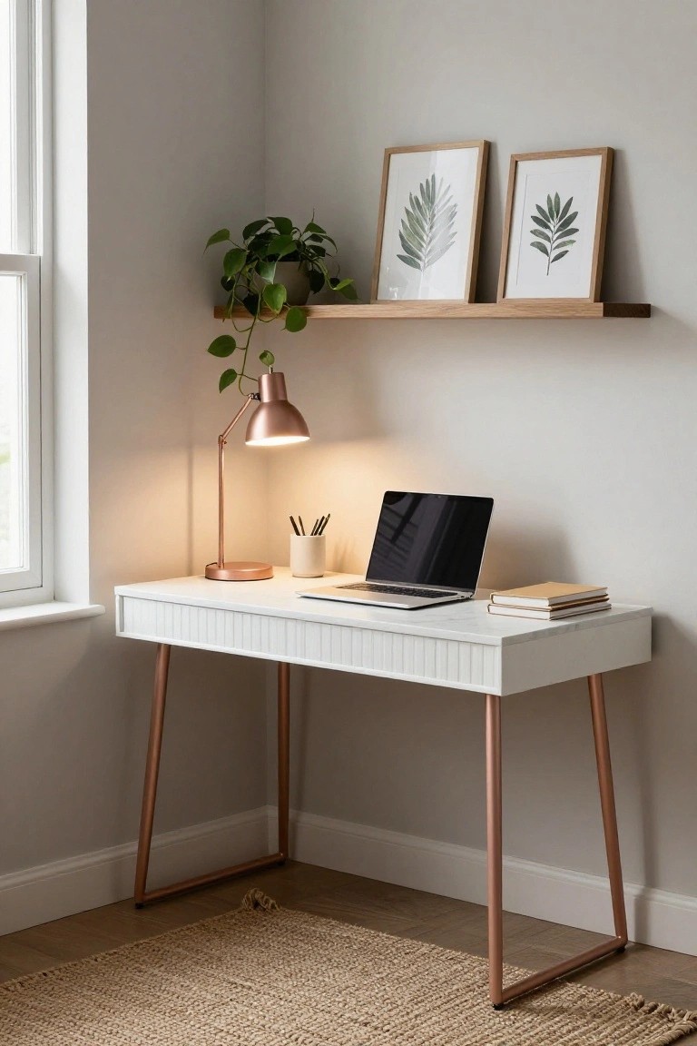 Corner of a light gray room with a white slatted desk on rose gold legs, open laptop, stacked books, rose gold desk lamp, white mug with pens, potted trailing plant, and two framed leaf prints on a wooden shelf.