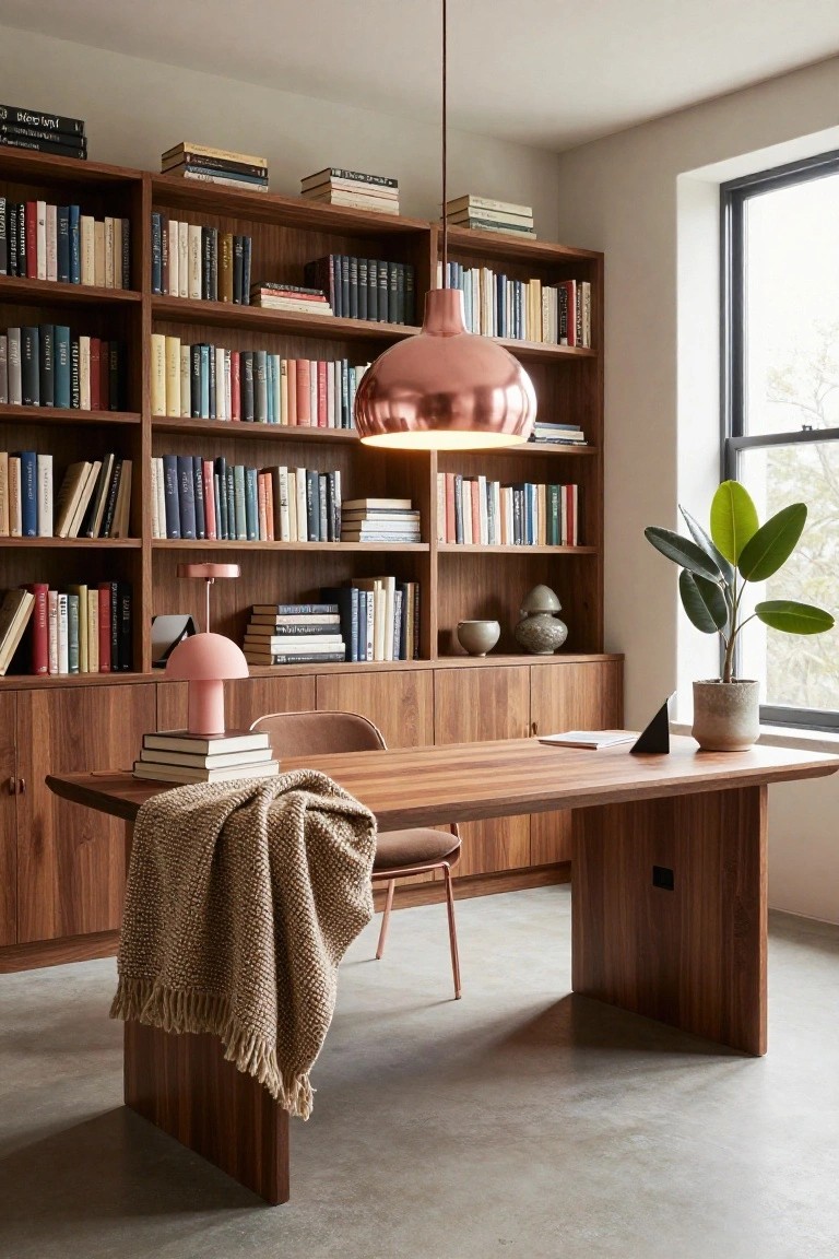 Wooden bookshelves filled with books surround a walnut desk and chair in a home office, lit by a rose gold pendant lamp overhead and a smaller rose gold table lamp nearby, with a potted plant by a large window.