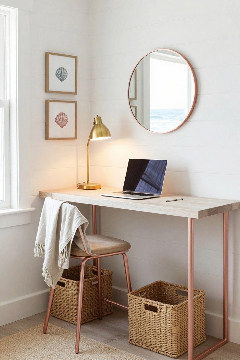 Light wood desk on rose gold pipe legs with matching chair, wicker baskets below, gold lamp, round rose gold mirror, and two shell art prints on white shiplap wall next to window with ocean view.