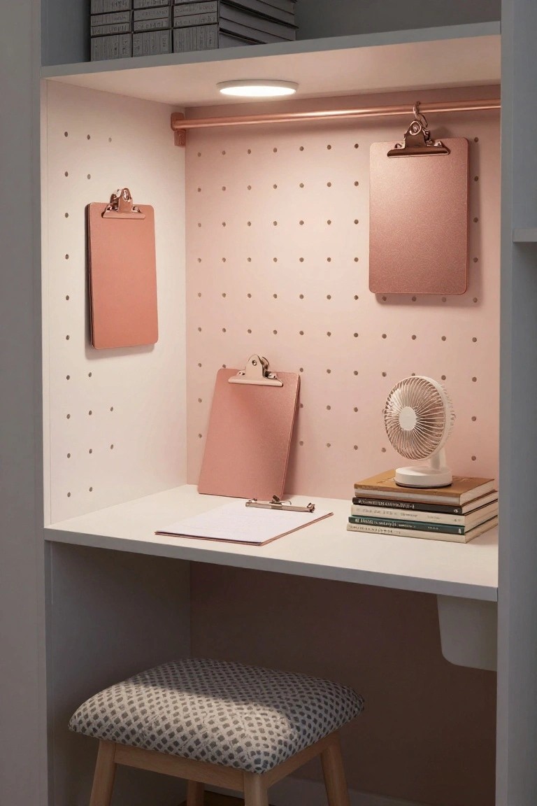 Built-in closet desk nook with pink polka-dot pegboard walls, rose gold pipe rod holding clipboards, small desk with books and fan, white wastebasket, and cushioned stool.