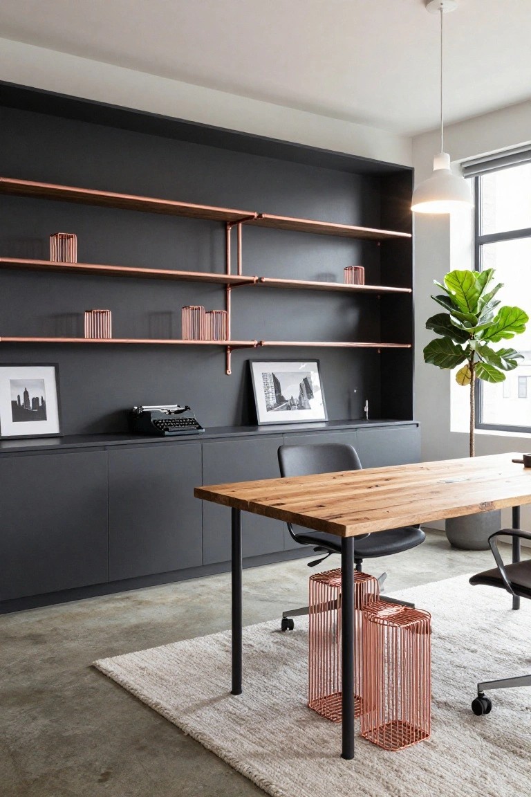 Modern home office with charcoal walls and cabinets, copper pipe open shelving holding books and decor, reclaimed wood desk with two chairs, potted fiddle leaf fig plant, and window with blinds.