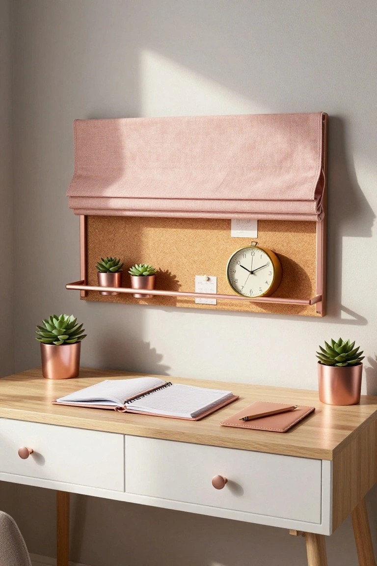 A minimalist home office desk with an open notebook, rose gold pots holding succulents, a wall-mounted corkboard shelf with clock and more potted plants under a pink roman shade.