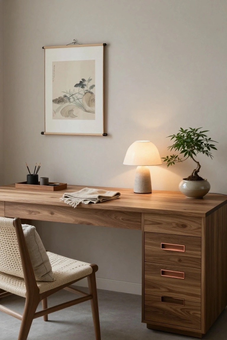 Beige home office with wooden desk that has rose gold horizontal drawer pulls, rattan chair with cushions, ceramic table lamp, bonsai plant in pot, wooden tray with mug and pens, and hanging ink-style artwork on wall.