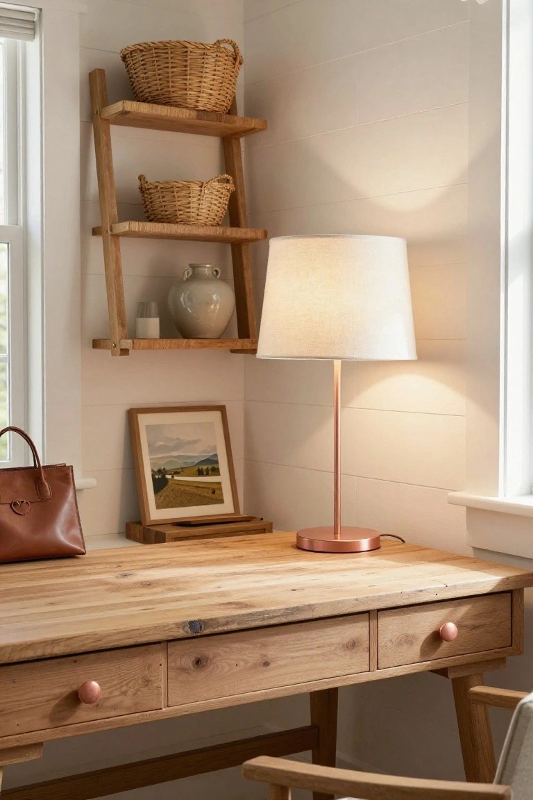 Wooden desk with rose gold lamp base and drawer pulls, beside ladder shelf with woven baskets and ceramic vase, in a white shiplap-walled room near a window.