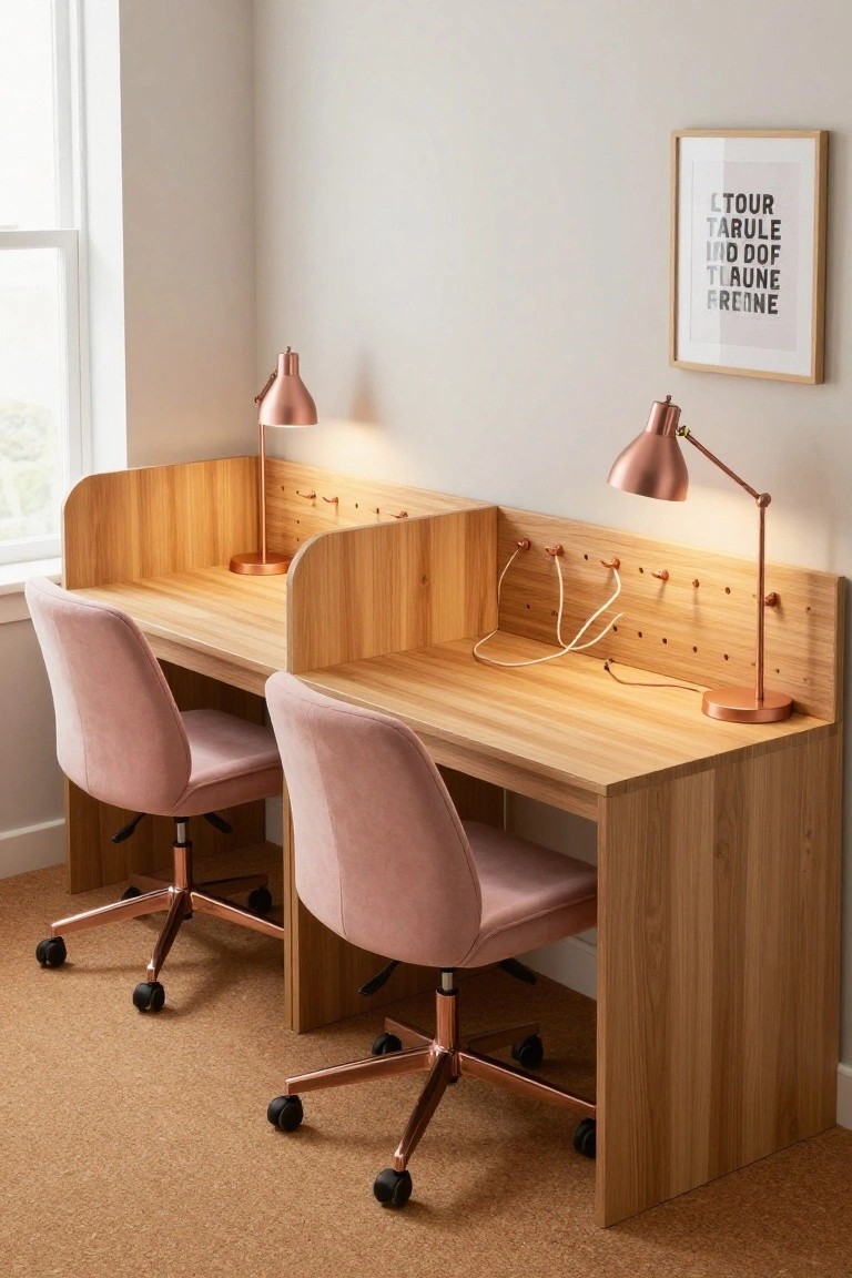 Two light wooden desks positioned back-to-back with built-in cable management, rose gold adjustable lamps, pink velvet chairs with rose gold bases, and a framed poster on a beige wall next to a window.