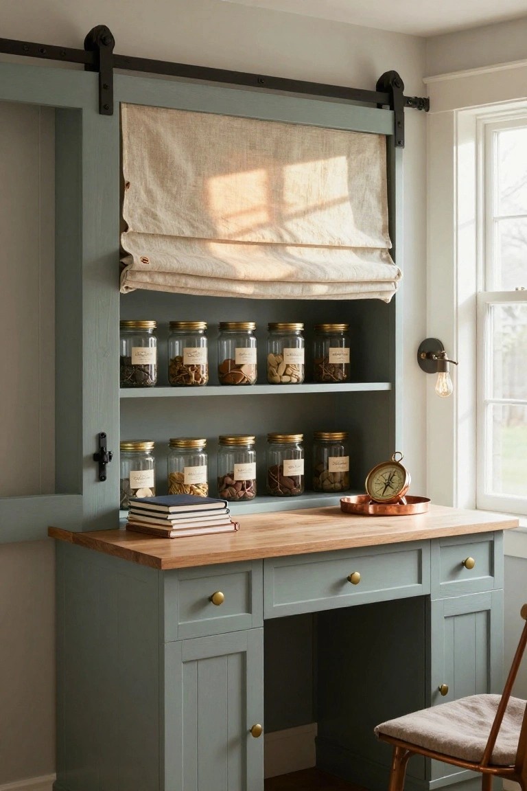 Teal-painted wooden cabinet with open shelves displaying labeled glass jars of dried foods and nuts, wooden desktop holding stacked books and brass tray with compass clock, brass hardware, wall sconce, and sliding barn door with beige linen curtain beside a window in a white room.
