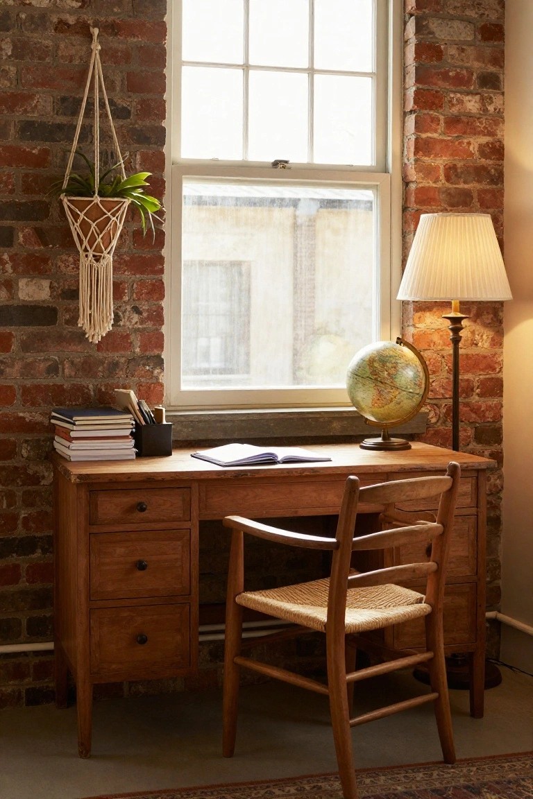 Wooden desk with stacked books, pens in holder, open notebook, and brass-based globe lamp against exposed red brick wall, with macrame hanging plant, window, and cane chair nearby.