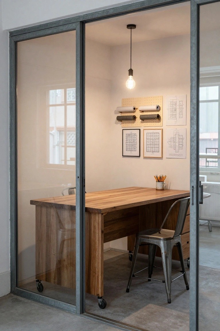 Glass-enclosed office space with a wooden desk on casters, metal chair, mug of pencils, pegboard with rolled blueprints, and framed grid drawings on white walls.