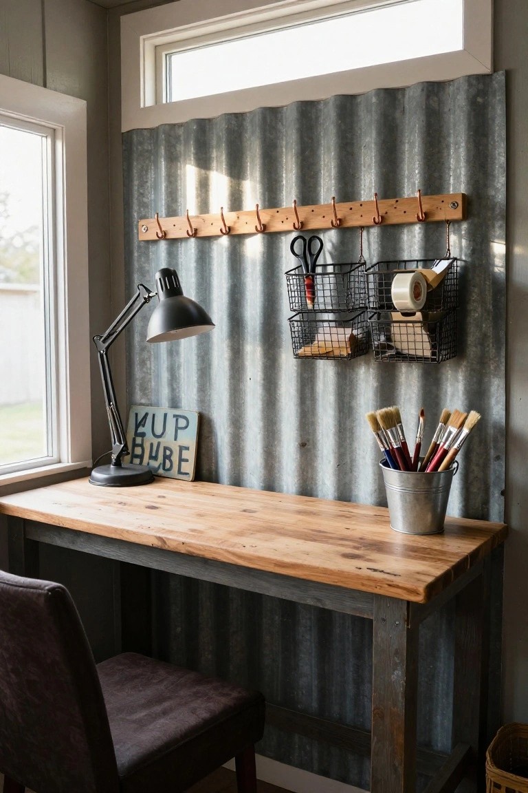 Corner of a rustic home office with a wooden desk and brown leather chair, black adjustable desk lamp, blue sign reading "KUP BUBE", paintbrushes in a metal bucket, wooden peg rail, wire baskets, and scissors hanging on a corrugated metal wall next to two clerestory windows.