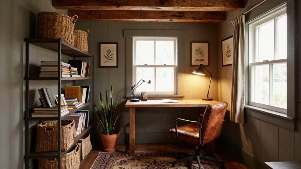 A small home office with a wooden desk on black metal pipe legs, brown leather armchair, desk lamp, snake plant in orange pot, wicker baskets on wooden shelves, and botanical prints on white shiplap walls under exposed wooden beams.