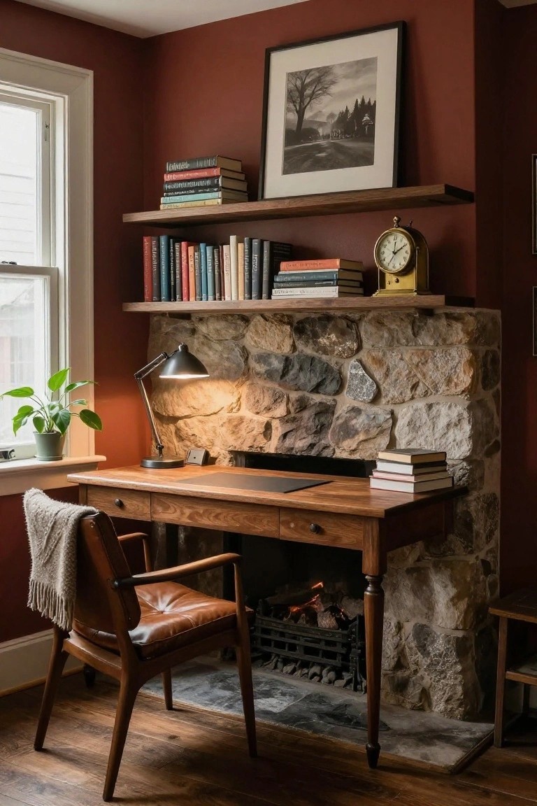 Wooden desk with leather chair and desk lamp positioned in front of a stone fireplace flanked by wooden bookshelves in a room with deep red walls and a potted plant.