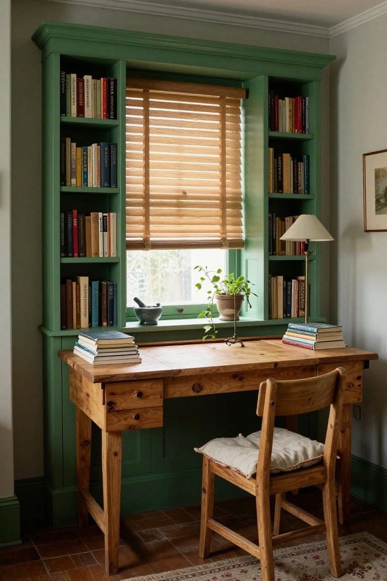 A rustic interior office nook with tall deep green painted built-in bookcases framing wooden shutters on a window above a wooden desk stacked with books, a wooden chair, potted plant on the sill, and a lamp on shelves.