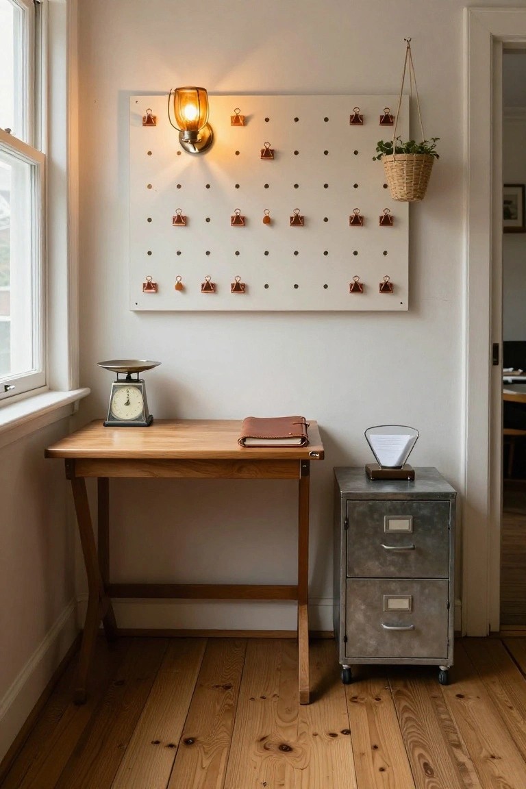 Corner of a room with a white pegboard wall mounted with copper clips and hooks, a wooden X-leg desk holding a vintage scale and leather notebook, a metal filing cabinet, and a hanging basket plant.