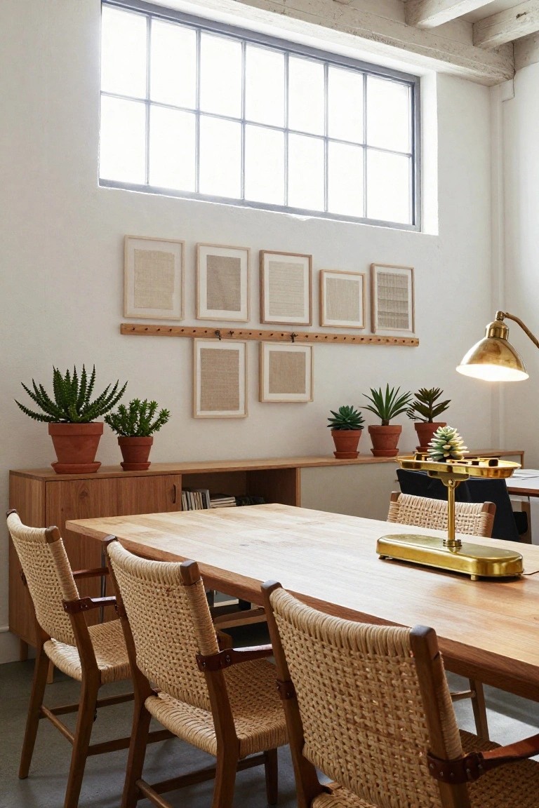 A sunlit office with a long wooden table surrounded by rattan chairs, potted succulents on shelves and a sideboard, neutral framed artwork on white walls, and a brass lamp.
