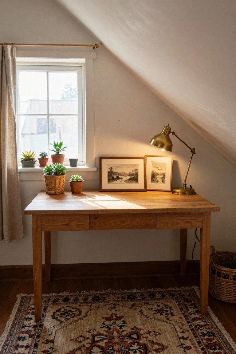Wooden desk in attic room with white sloped ceiling, potted succulents on windowsill and desk, brass adjustable lamp, two framed landscape prints, linen curtain on window, woven basket on floor, and patterned rug.