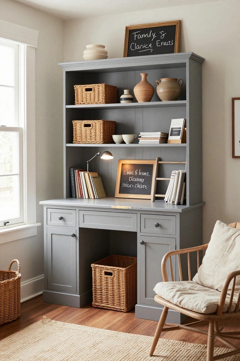 Gray painted wooden desk hutch in a corner room with open shelves containing wicker baskets, books, pottery, and small frames, next to a wooden chair on a wood floor.
