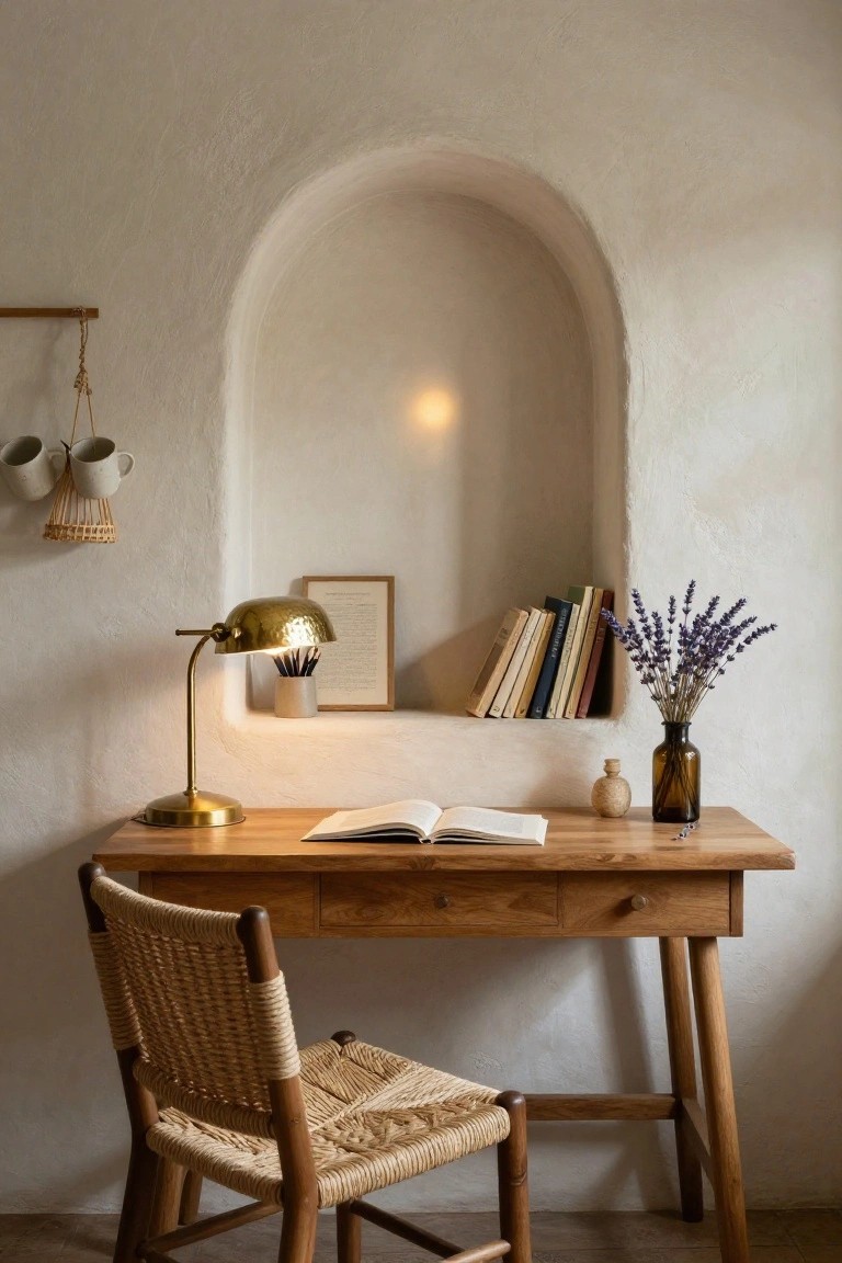 Wooden desk with open book on top positioned before arched whitewashed wall niche holding books, lavender stems in glass bottle, brass desk lamp, and small frame, rattan chair beside desk in light room.